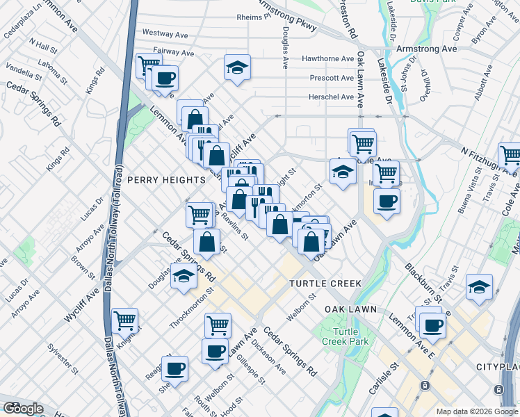 map of restaurants, bars, coffee shops, grocery stores, and more near 4107 Bowser Avenue in Dallas