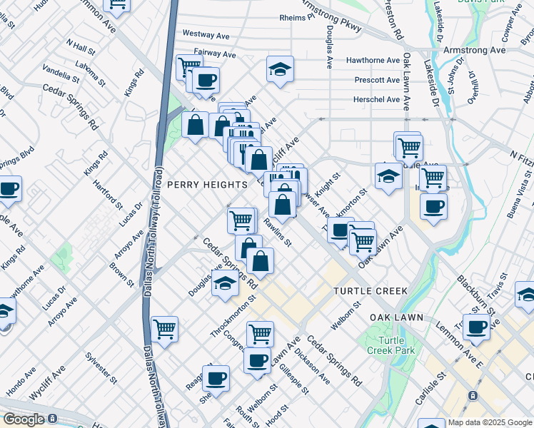 map of restaurants, bars, coffee shops, grocery stores, and more near 4222 Rawlins Street in Dallas