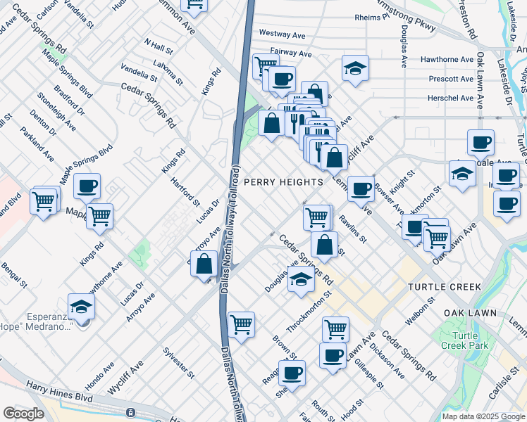 map of restaurants, bars, coffee shops, grocery stores, and more near 4407 Vandelia Street in Dallas