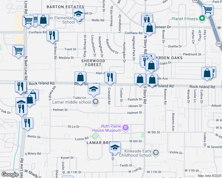 map of restaurants, bars, coffee shops, grocery stores, and more near 2417 Parkside Avenue in Irving