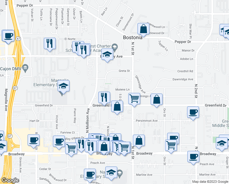 map of restaurants, bars, coffee shops, grocery stores, and more near 1418 Diamond Lane in El Cajon