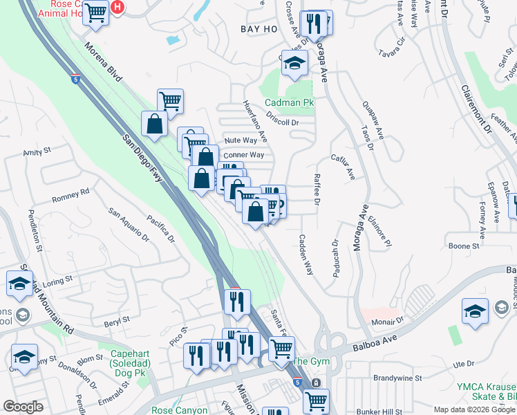 map of restaurants, bars, coffee shops, grocery stores, and more near 4061 Huerfano Avenue in San Diego