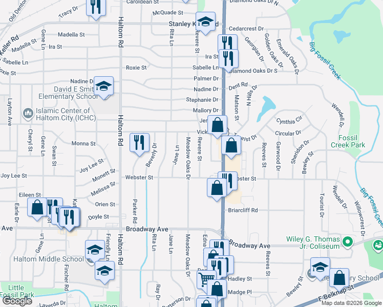 map of restaurants, bars, coffee shops, grocery stores, and more near 3549 Meadow Oaks Drive in Fort Worth