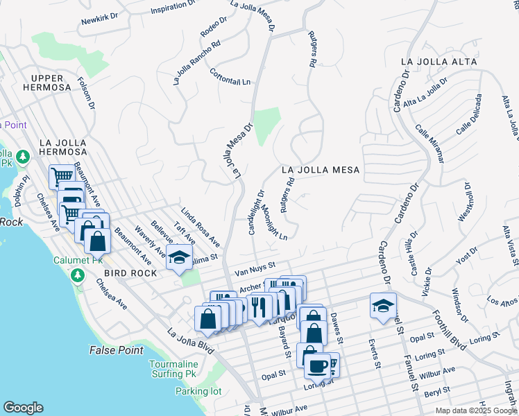 map of restaurants, bars, coffee shops, grocery stores, and more near 5560 Moonlight Lane in San Diego