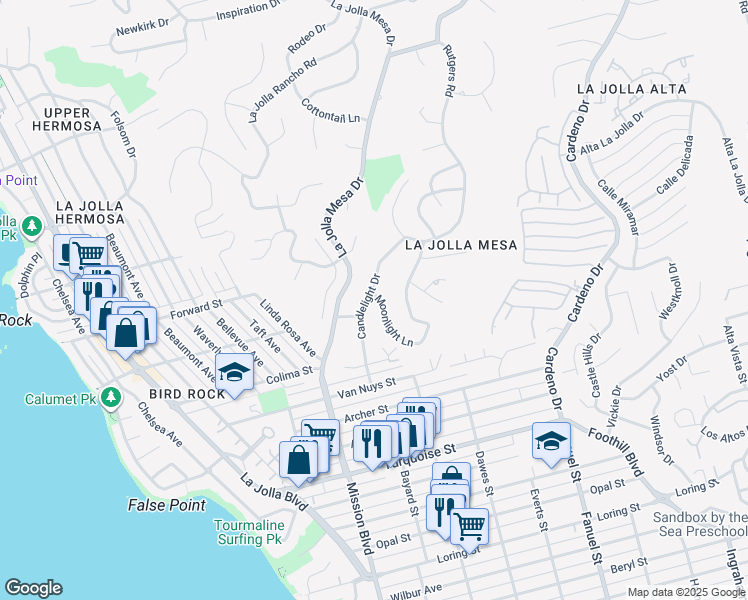 map of restaurants, bars, coffee shops, grocery stores, and more near 5560 Moonlight Lane in San Diego