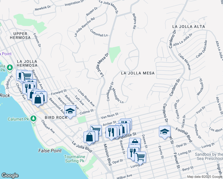 map of restaurants, bars, coffee shops, grocery stores, and more near 5560 Moonlight Lane in San Diego
