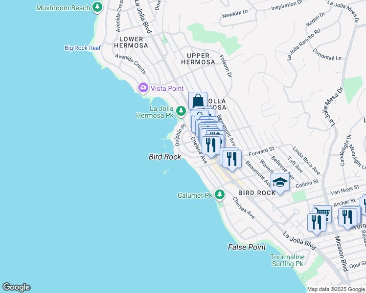 map of restaurants, bars, coffee shops, grocery stores, and more near 5664 Abalone Place in San Diego