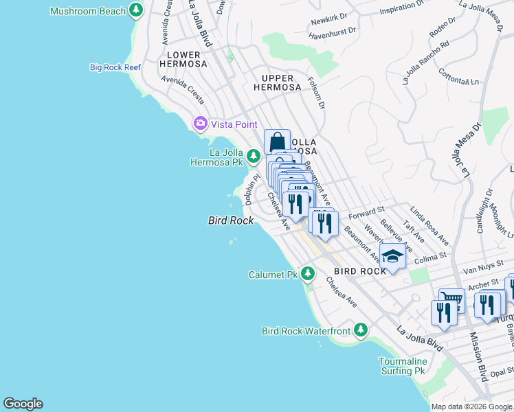 map of restaurants, bars, coffee shops, grocery stores, and more near 5664 Abalone Place in San Diego