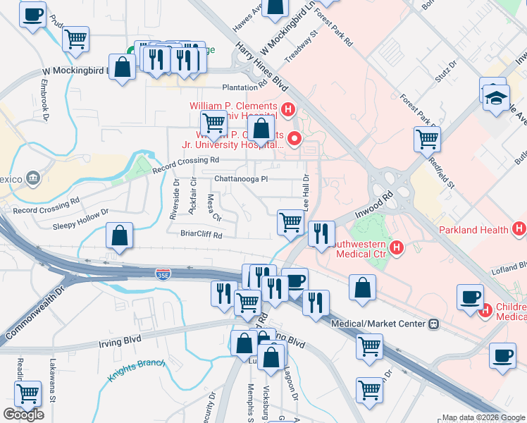 map of restaurants, bars, coffee shops, grocery stores, and more near 1808 Prairie View Drive in Dallas