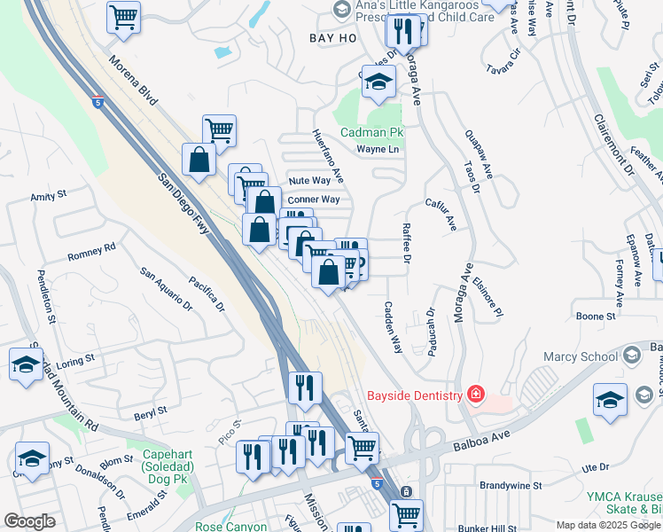 map of restaurants, bars, coffee shops, grocery stores, and more near 4061 Huerfano Avenue in San Diego
