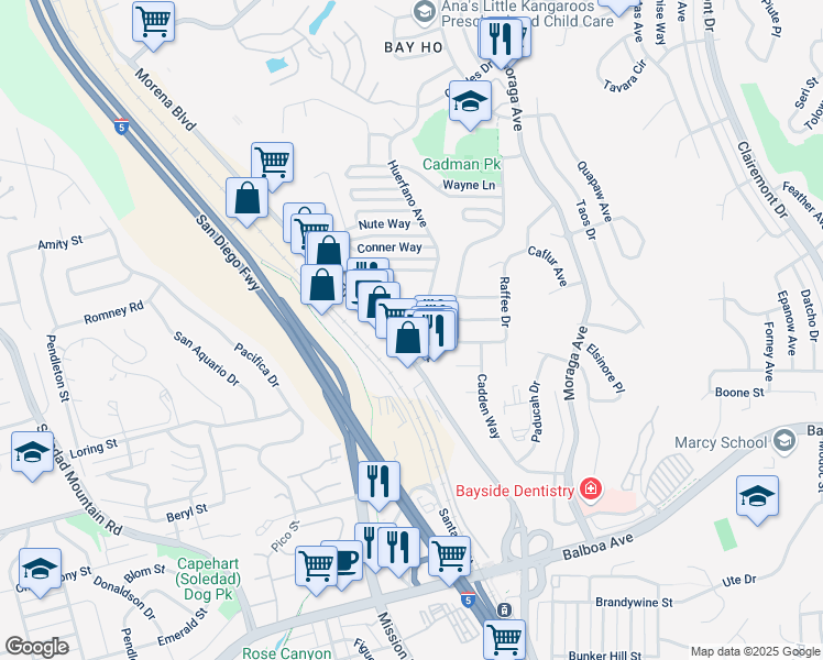 map of restaurants, bars, coffee shops, grocery stores, and more near 4060 Huerfano Avenue in San Diego