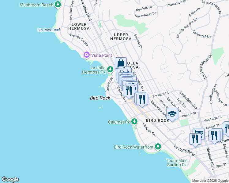 map of restaurants, bars, coffee shops, grocery stores, and more near 5663 Abalone Place in San Diego