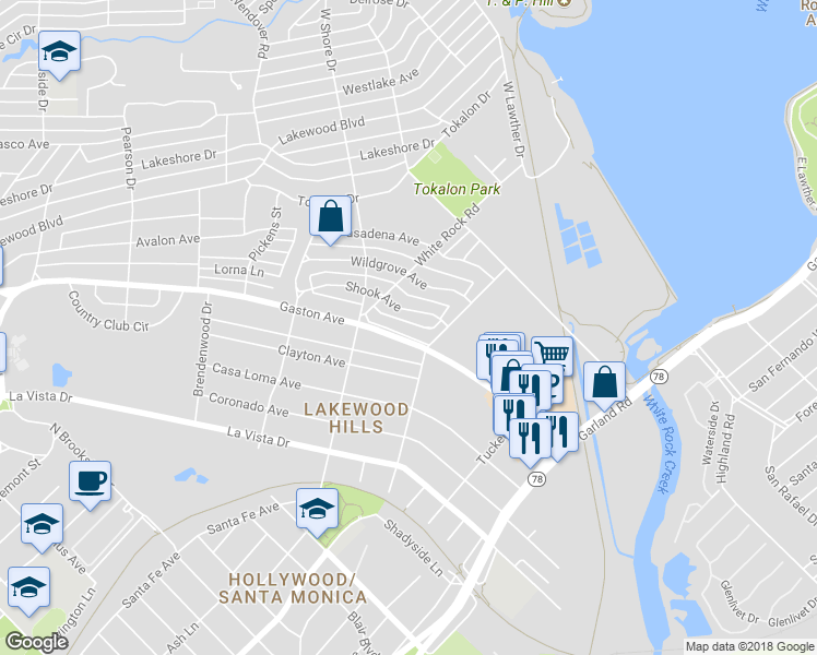 map of restaurants, bars, coffee shops, grocery stores, and more near 7135 Shook Avenue in Dallas
