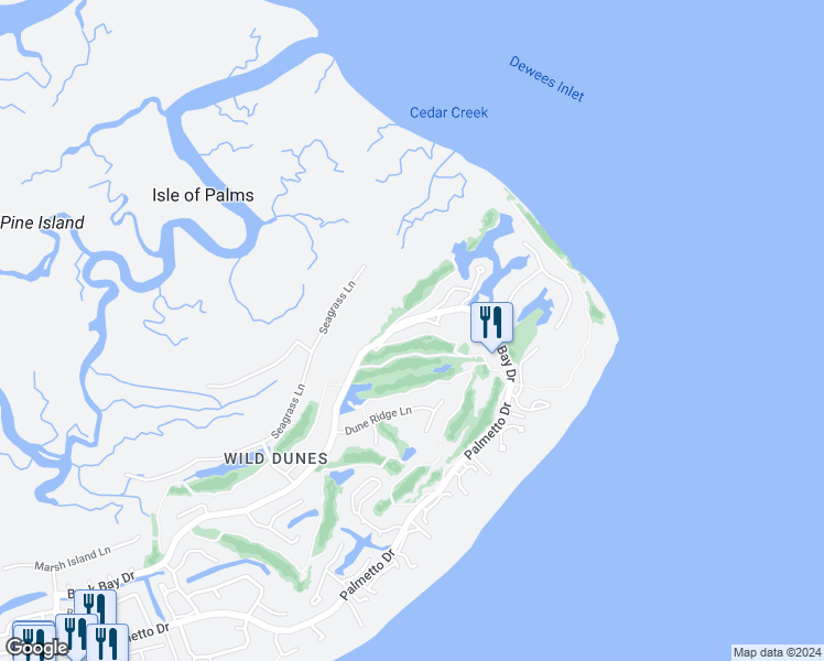 map of restaurants, bars, coffee shops, grocery stores, and more near 8 Commons Court in Isle of Palms