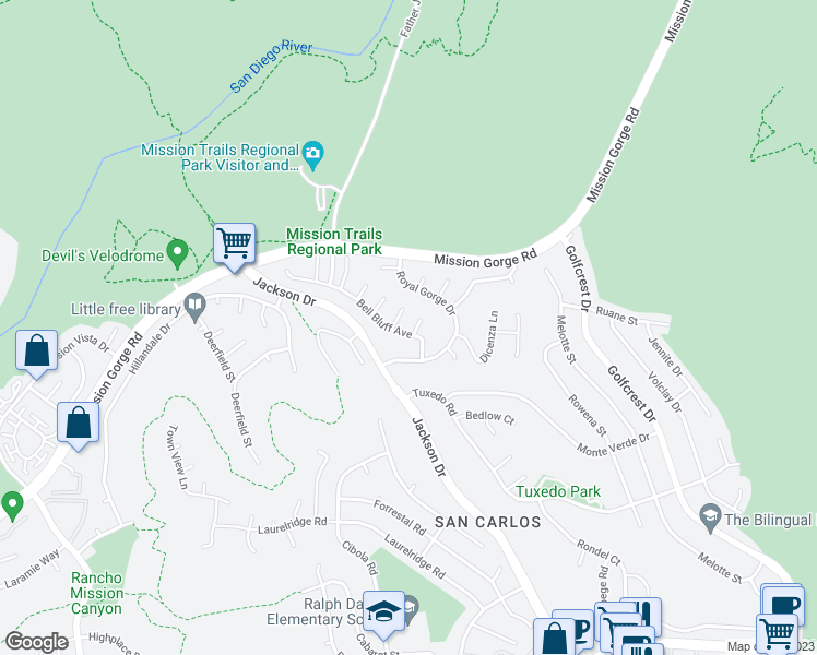 map of restaurants, bars, coffee shops, grocery stores, and more near 6664 Bell Bluff Avenue in San Diego