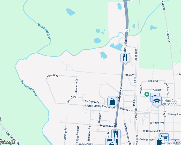 map of restaurants, bars, coffee shops, grocery stores, and more near White Oak Road in Millen
