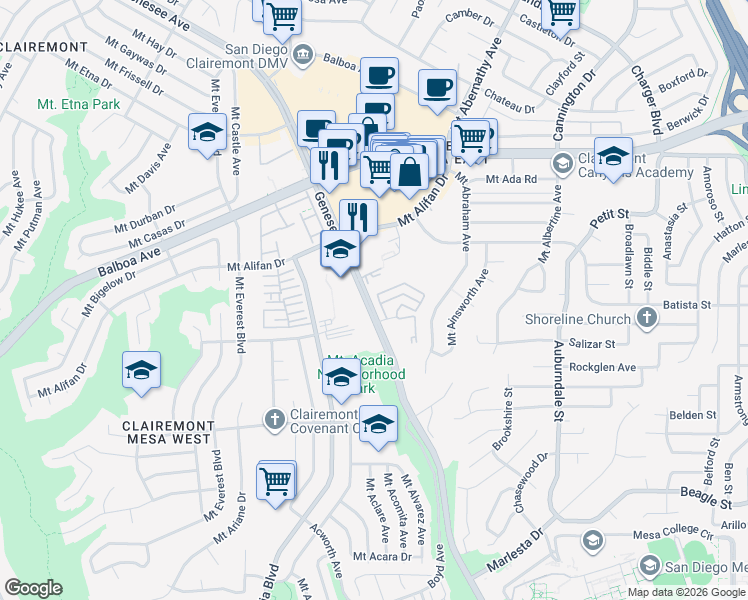 map of restaurants, bars, coffee shops, grocery stores, and more near 4186 Mount Alifan Drive in San Diego