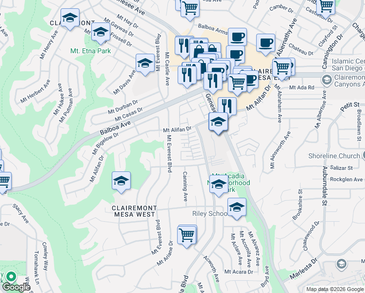 map of restaurants, bars, coffee shops, grocery stores, and more near 5203 Mount Alifan Drive in San Diego