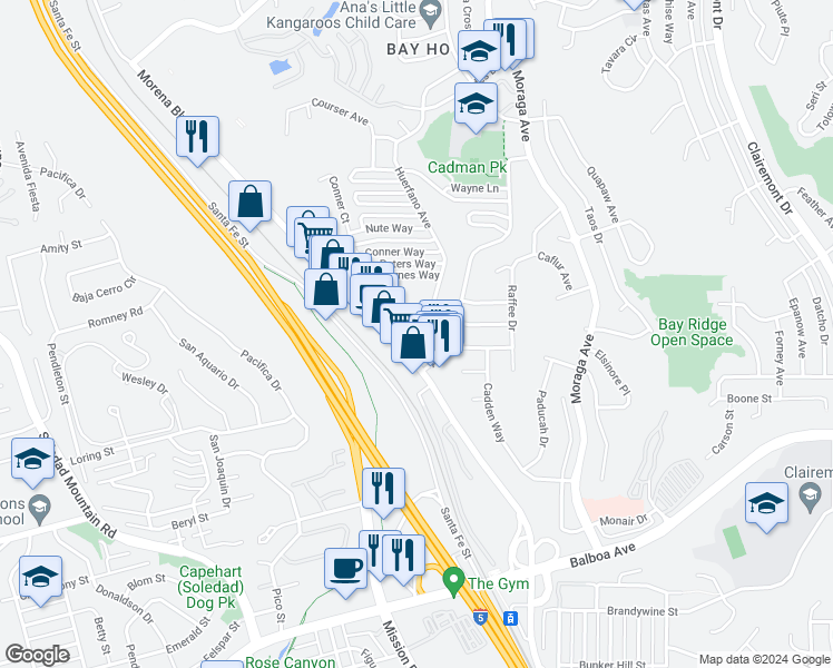 map of restaurants, bars, coffee shops, grocery stores, and more near 4061 Huerfano Avenue in San Diego