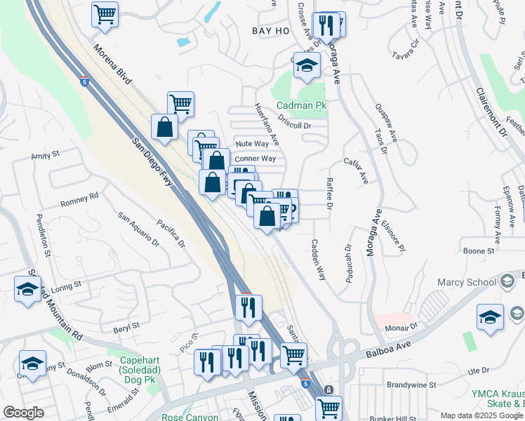 map of restaurants, bars, coffee shops, grocery stores, and more near 4061 Huerfano Avenue in San Diego