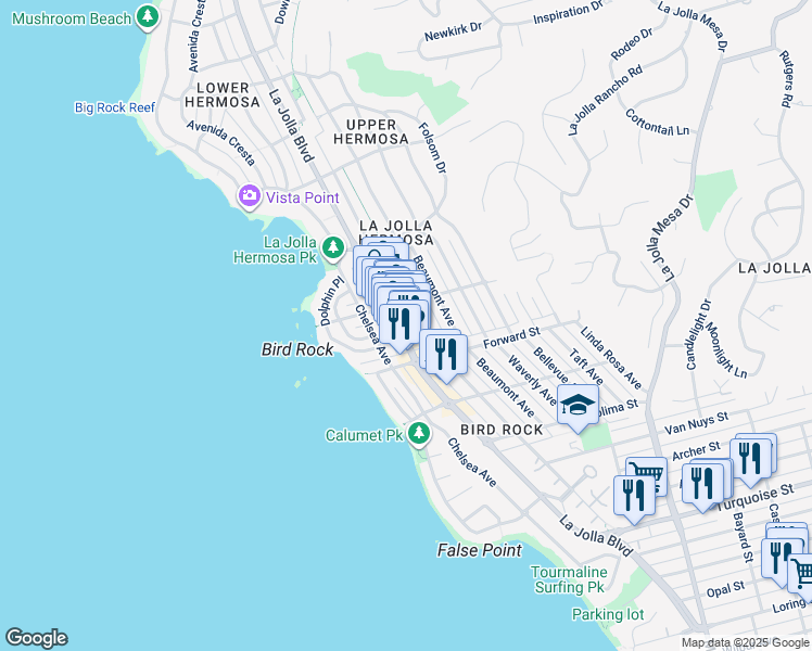 map of restaurants, bars, coffee shops, grocery stores, and more near in San Diego
