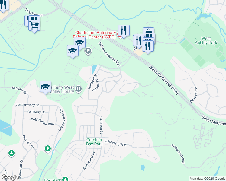 map of restaurants, bars, coffee shops, grocery stores, and more near 4070 Babbit Street in Charleston