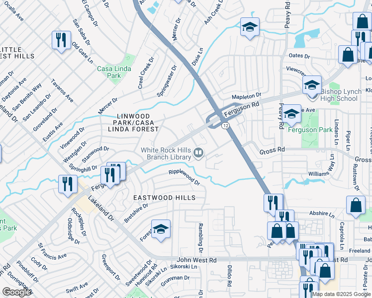 map of restaurants, bars, coffee shops, grocery stores, and more near 9220 Ferguson Road in Dallas