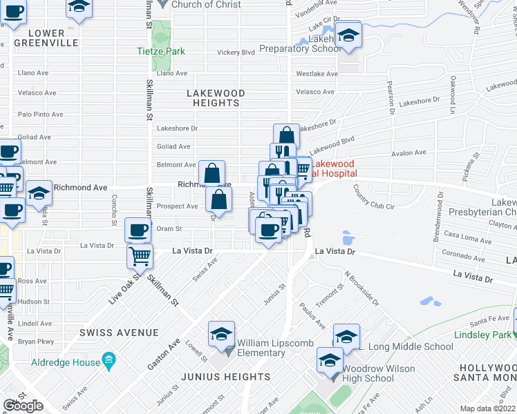 map of restaurants, bars, coffee shops, grocery stores, and more near 6315 Prospect Avenue in Dallas