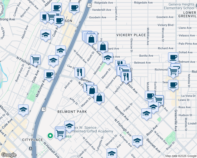 map of restaurants, bars, coffee shops, grocery stores, and more near 5102 Mission Avenue in Dallas