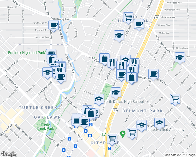 map of restaurants, bars, coffee shops, grocery stores, and more near 4109 Travis Street in Dallas