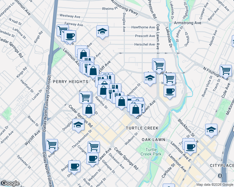 map of restaurants, bars, coffee shops, grocery stores, and more near 4107 Bowser Avenue in Dallas