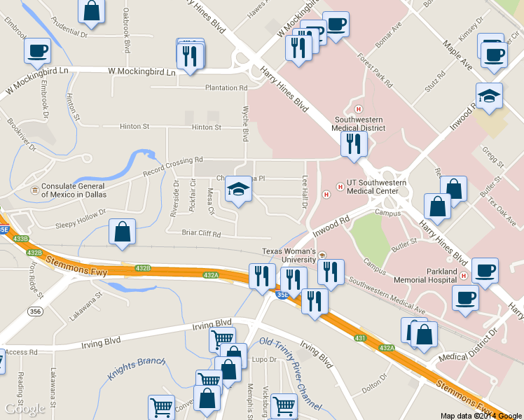 map of restaurants, bars, coffee shops, grocery stores, and more near 1808 Prairie View Drive in Dallas