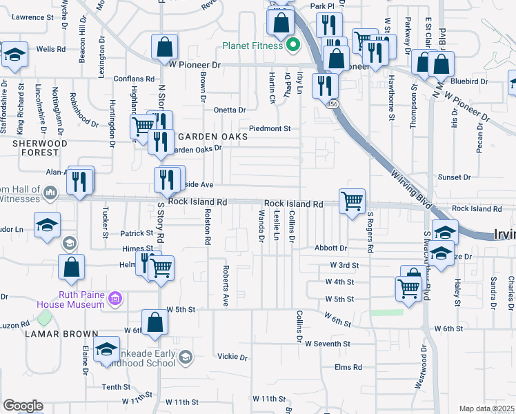 map of restaurants, bars, coffee shops, grocery stores, and more near 103 Wanda Drive in Irving