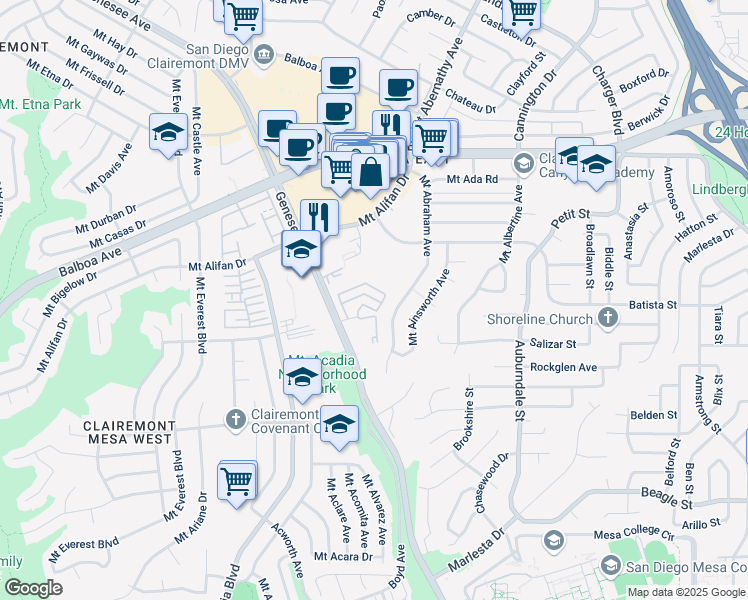 map of restaurants, bars, coffee shops, grocery stores, and more near 5517 Caminito Katerina in San Diego