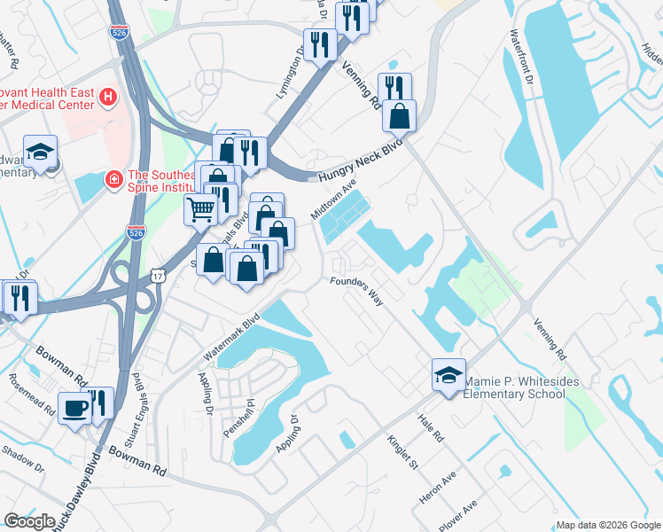 map of restaurants, bars, coffee shops, grocery stores, and more near 1201 Midtown Avenue in Mount Pleasant