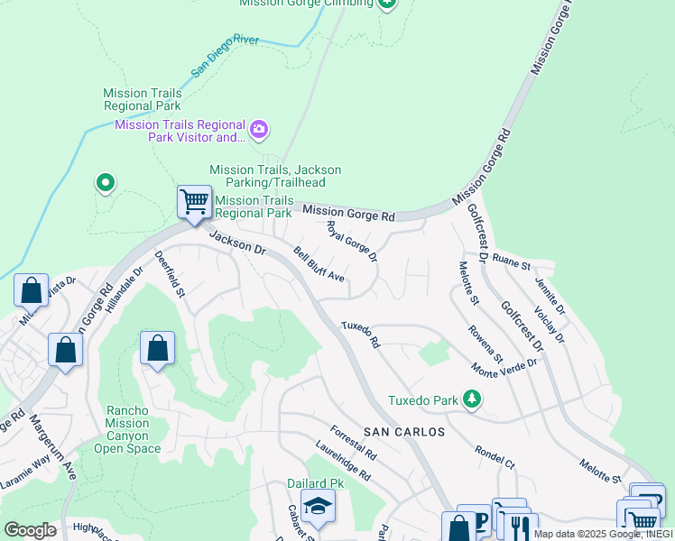 map of restaurants, bars, coffee shops, grocery stores, and more near 6670 Bell Bluff Avenue in San Diego