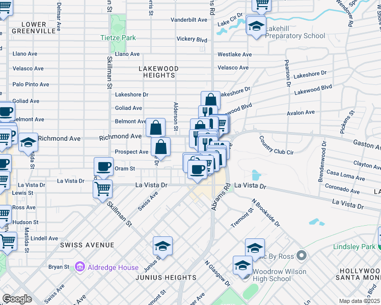 map of restaurants, bars, coffee shops, grocery stores, and more near 6315 Prospect Avenue in Dallas