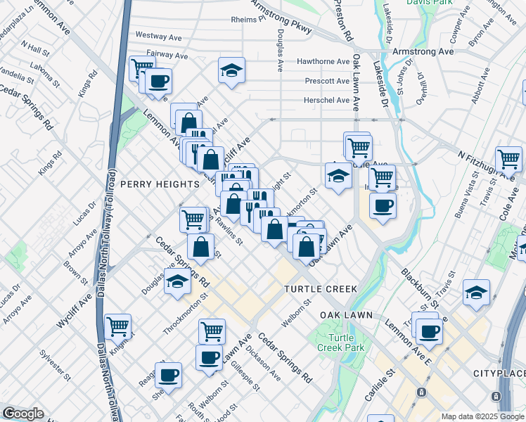 map of restaurants, bars, coffee shops, grocery stores, and more near 4107 Bowser Avenue in Dallas