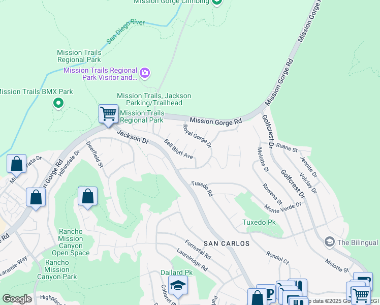 map of restaurants, bars, coffee shops, grocery stores, and more near 6670 Bell Bluff Avenue in San Diego