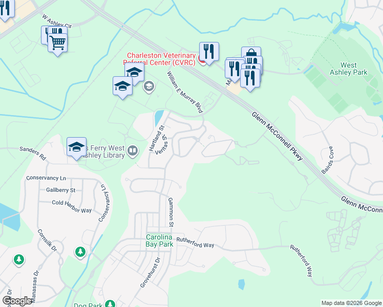 map of restaurants, bars, coffee shops, grocery stores, and more near 4070 Babbit Street in Charleston