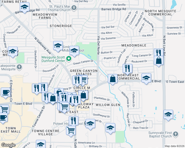 map of restaurants, bars, coffee shops, grocery stores, and more near 803 Meandering Way in Mesquite