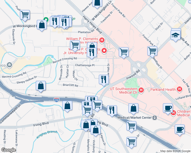 map of restaurants, bars, coffee shops, grocery stores, and more near 1808 Prairie View Drive in Dallas