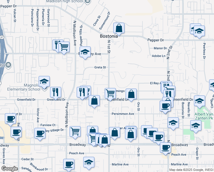 map of restaurants, bars, coffee shops, grocery stores, and more near 1424 North 1st Street in El Cajon