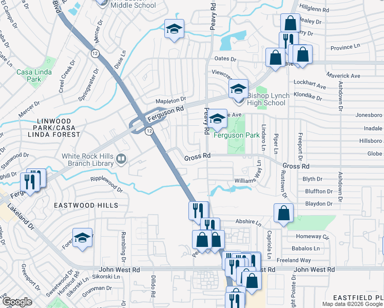 map of restaurants, bars, coffee shops, grocery stores, and more near 2795 Beechmont Drive in Dallas