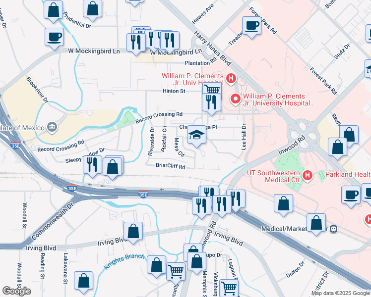 map of restaurants, bars, coffee shops, grocery stores, and more near Wayside Dr in Dallas