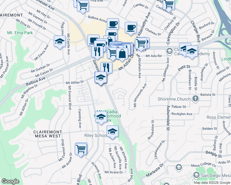 map of restaurants, bars, coffee shops, grocery stores, and more near 5516 Caminito Roberto in San Diego