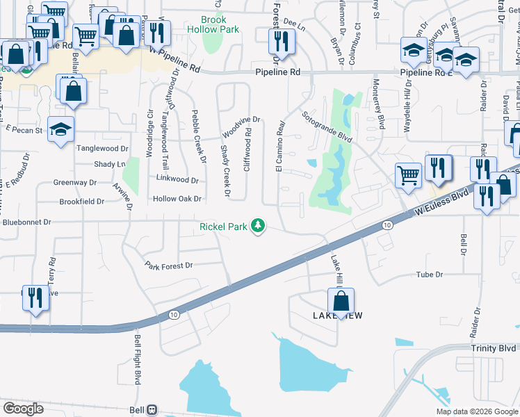 map of restaurants, bars, coffee shops, grocery stores, and more near 1509 Cliffwood Road in Euless