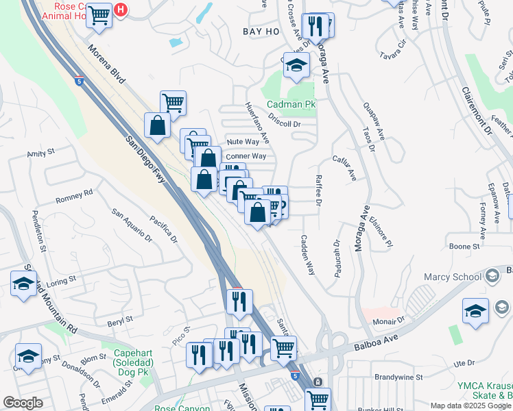 map of restaurants, bars, coffee shops, grocery stores, and more near 4061 Huerfano Avenue in San Diego
