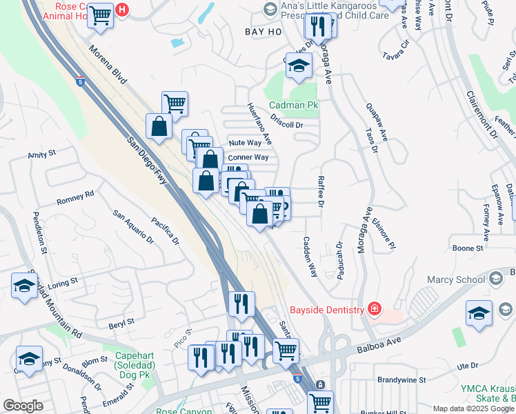 map of restaurants, bars, coffee shops, grocery stores, and more near 4061 Huerfano Avenue in San Diego