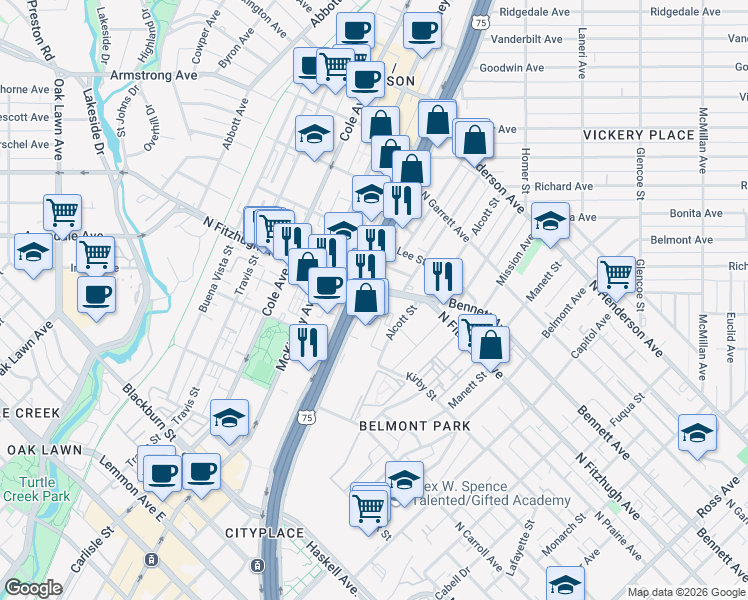 map of restaurants, bars, coffee shops, grocery stores, and more near 4164 North Central Expressway in Dallas